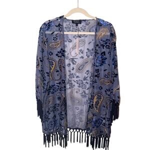 NWT RD Style Blue Paisley Velvet Burnout Fringe Kimono – Size Large